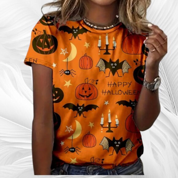 New Orange Halloween Print Women’s T-Shirt Festive Short Sleeve Top Size: XL - Picture 1 of 5